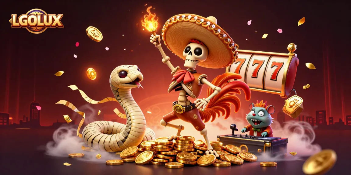 Experience thrilling wins at LGOLUX with a dynamic celebration of gold coins and energetic characters.