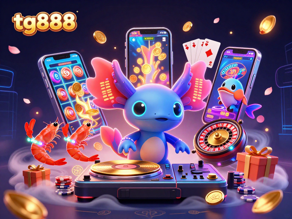 Experience the excitement of tg888 with a vibrant 3D casino scene featuring an axolotl DJ and dynamic game elements.
