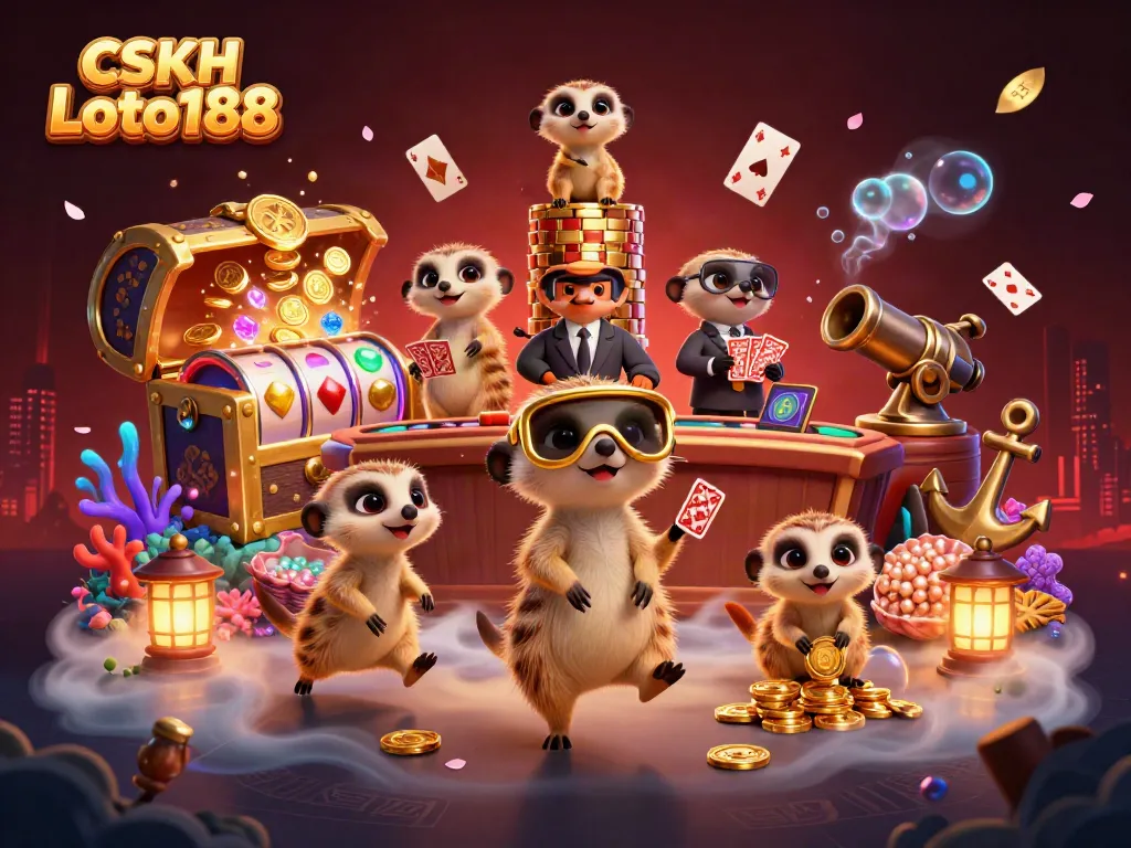 Engaging scene showcasing meerkats in a casino with CSKH Loto188 branding, vibrant gaming elements.