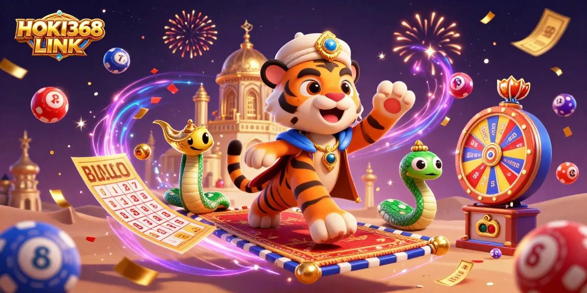 Experience the excitement of winning with HOKI368 LINK among colorful lottery balls and vibrant prizes in this 3D casino scene.