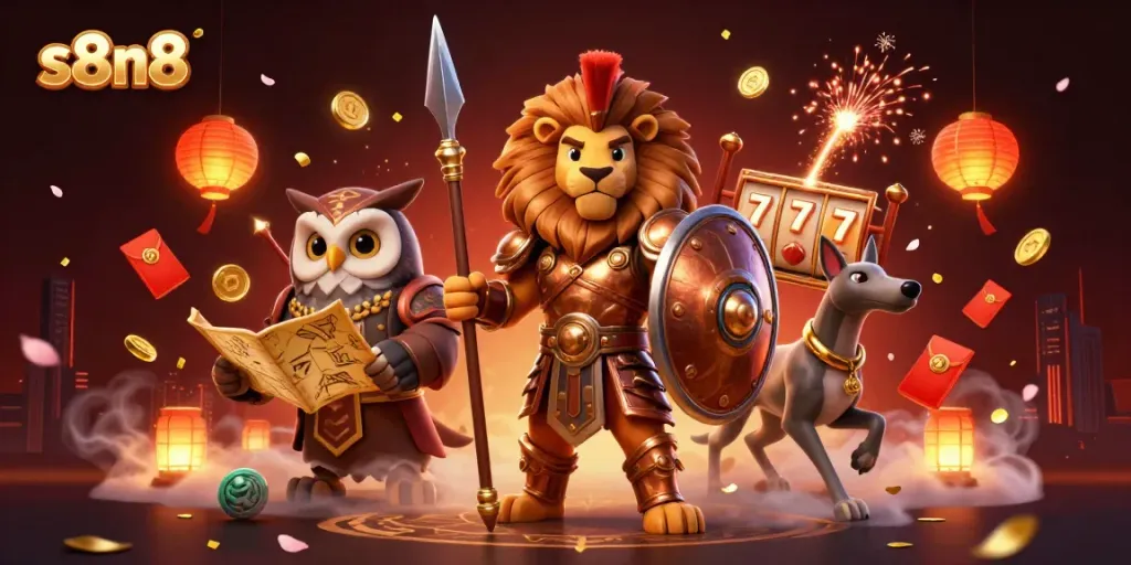 Experience immersive action with s8n8's vibrant gaming scene featuring a Spartan lion and owl strategist.