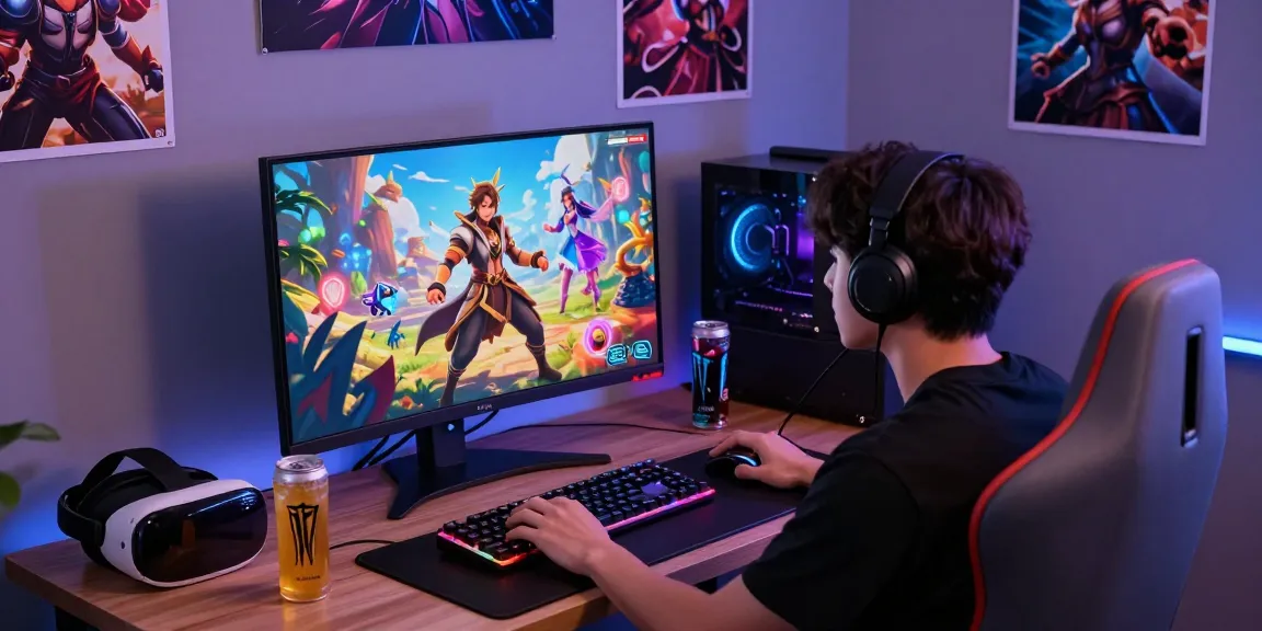 Gamer playing ecchi simulator game with vibrant graphics in a cozy gaming setup.