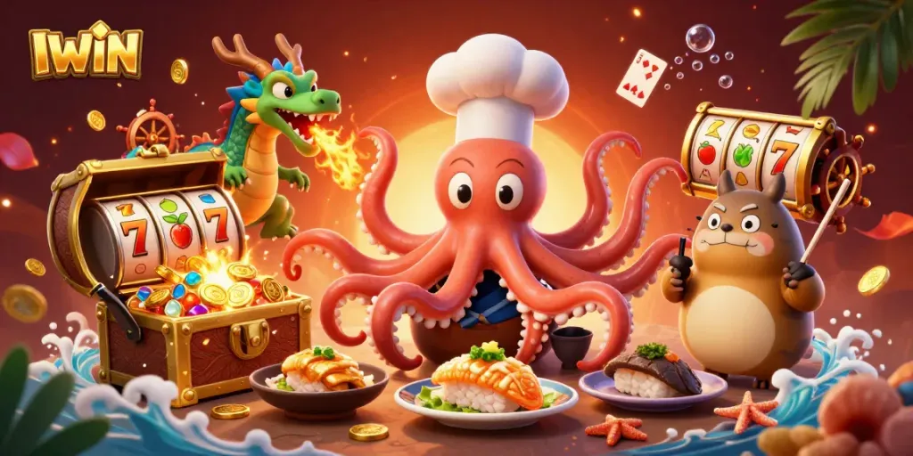 Experience IWIN's thrilling casino world with dynamic game elements and vibrant characters.
