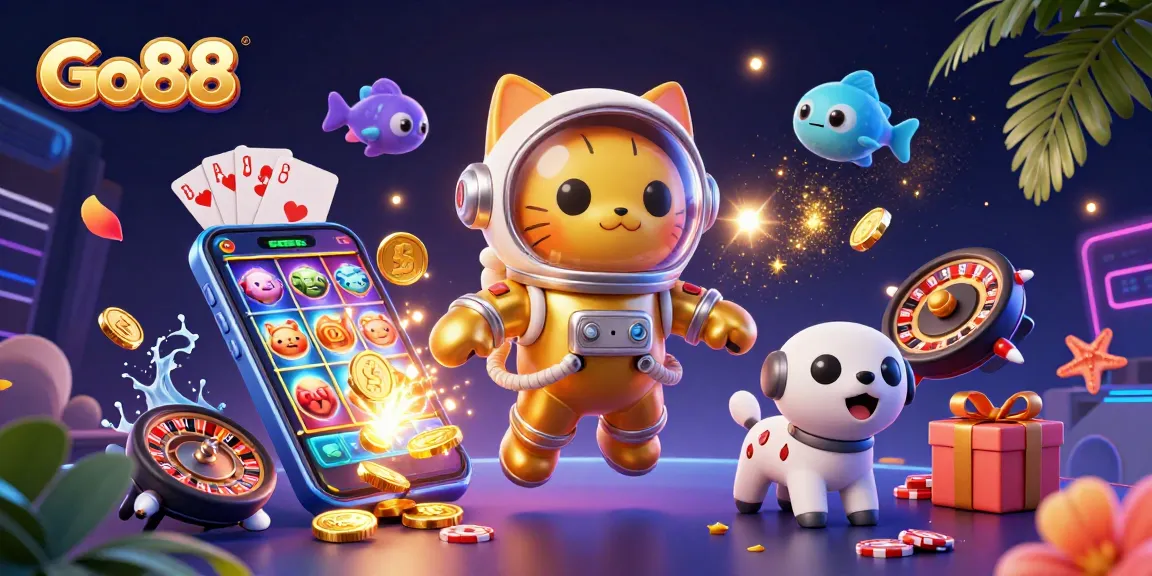 Experience thrilling gaming with Go88 - a vibrant 3D scene showcasing dynamic slot elements and captivating characters.