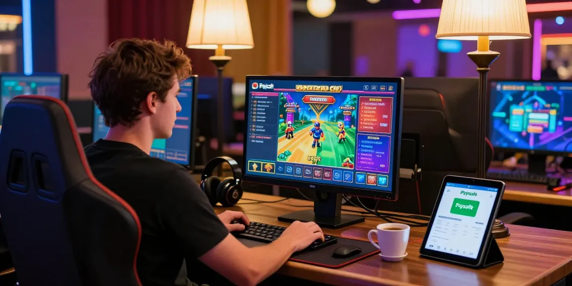 Spieler genießt das Gaming in einem Paysafe Card Casino mit lebendigen Grafiken, Tablet geöffnet, das Transaktionen zeigt, einladende Atmosphäre.