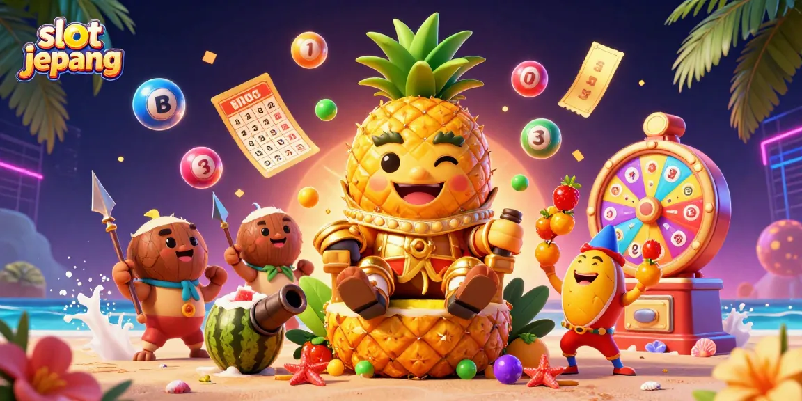Engage with slot jepang as vibrant elements burst around a golden pineapple king in a dynamic casino scene.