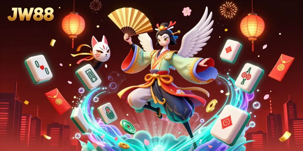 Experience the vibrant energy of JW88 through a dynamic 3D scene featuring traditional kabuki artistry and rich casino elements.