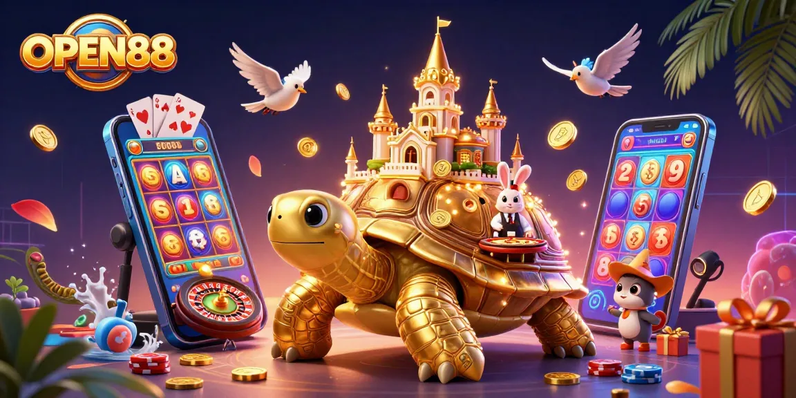 Experience excitement at OPEN88's vibrant casino scene with a golden tortoise and a rabbit dealer.