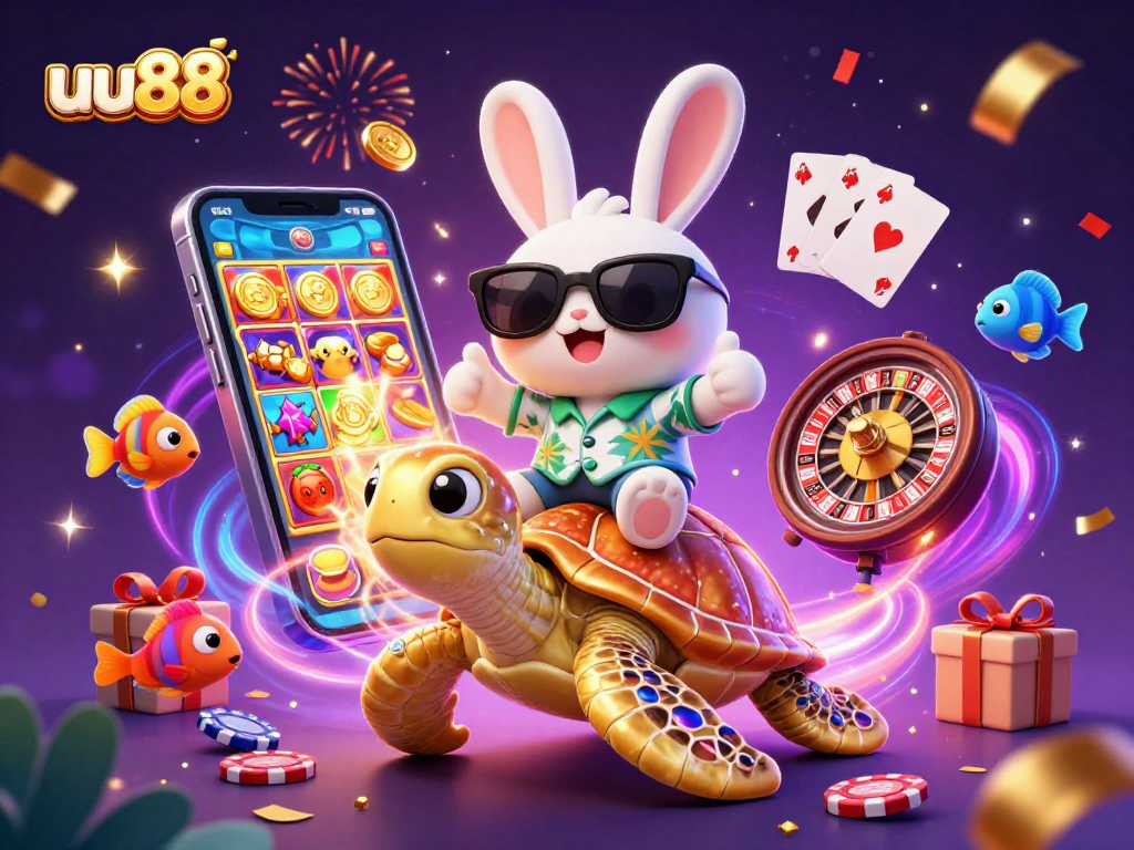 Win big with uu88 as a lucky rabbit rides a golden turtle among dynamic casino elements!