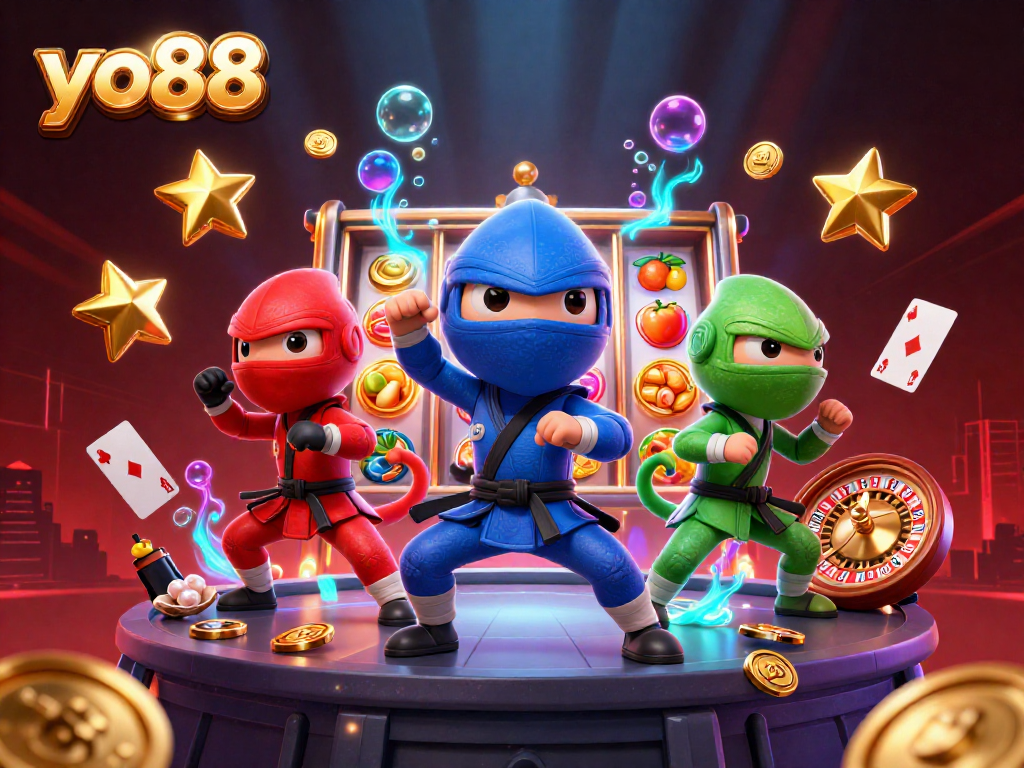 Engage with thrilling yo88 gaming action featuring colorful chameleon ninjas in a vibrant casino atmosphere.