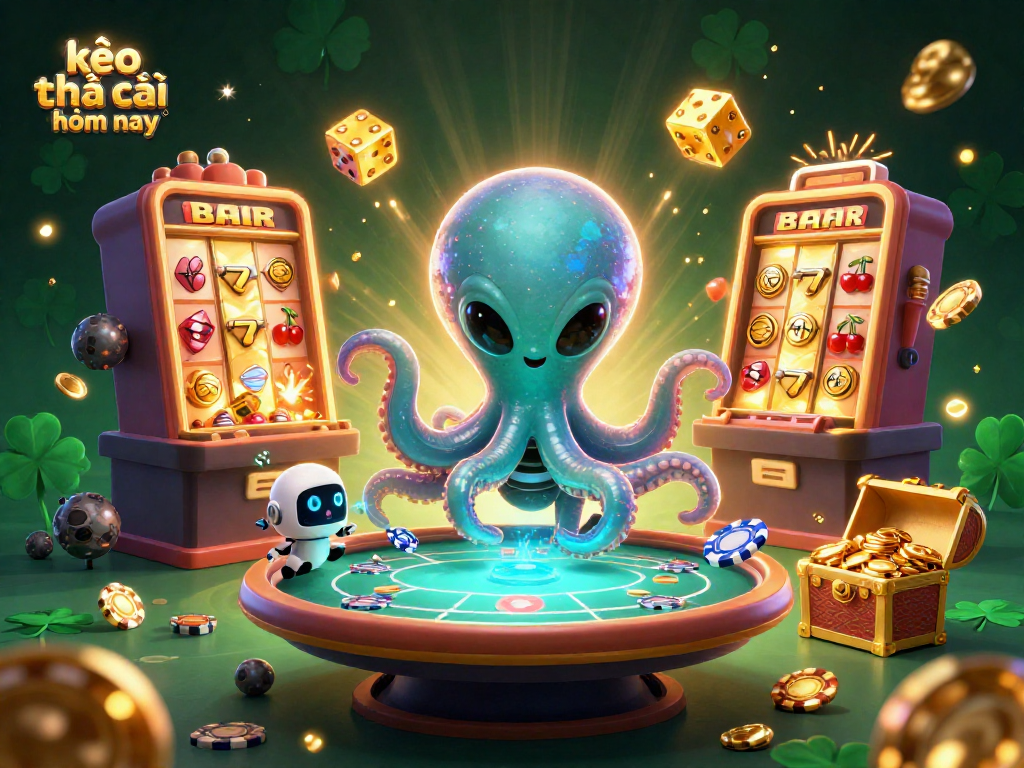 Engage in thrilling gaming action with kèo nhà cái hôm nay featuring an alien octopus at a virtual poker table.