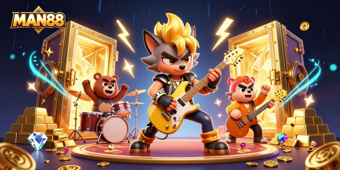 Engage in thrilling games at MAN88 with a rock star wolf and drummer bear on a vibrant casino stage.