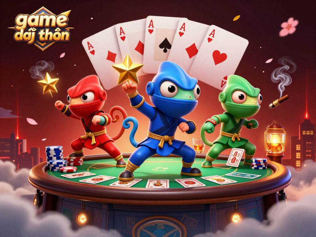 Engage in thrilling game đổi thưởng with dynamic ninja chameleon characters amid vibrant casino elements.