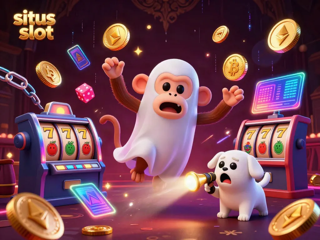 Experience thrilling situs slot action with a playful poltergeist monkey and a curious ghost-hunter puppy navigating a haunted casino.