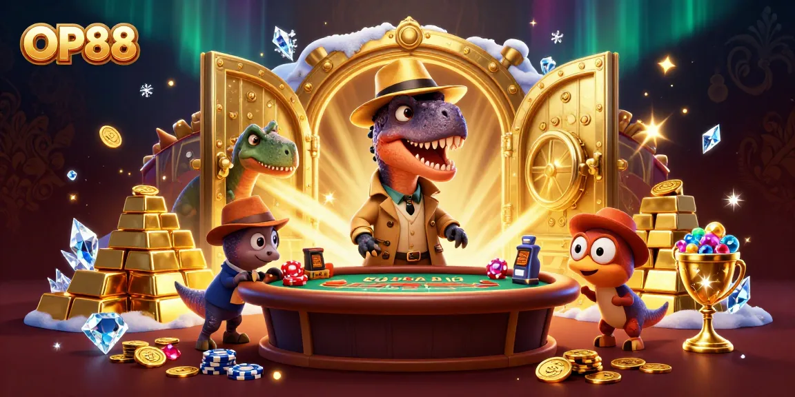 OP88 features a velociraptor card counter at a blackjack table with gold treasures, promising excitement.