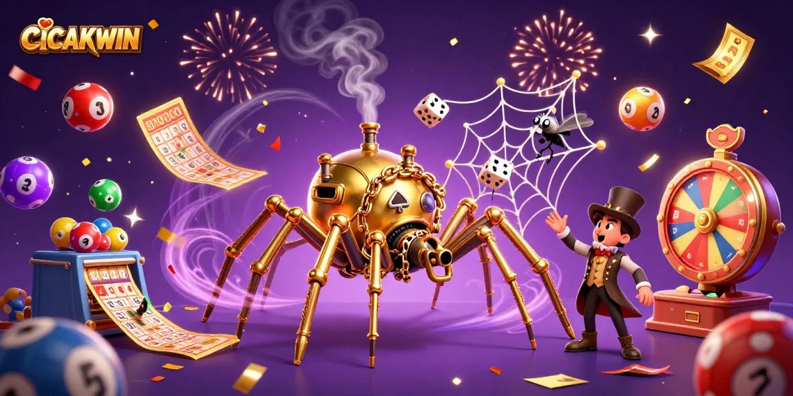 CICAKWIN's vibrant 3D illustration showcasing a golden spider building a web of luck in the casino