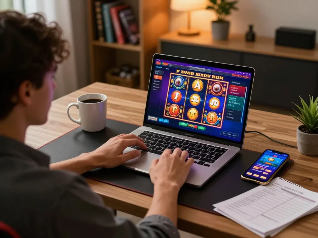 Terlibat dalam permainan rokok88 rtp online di rumah dengan catatan strategis dan antarmuka kasino yang berwarna-warni.