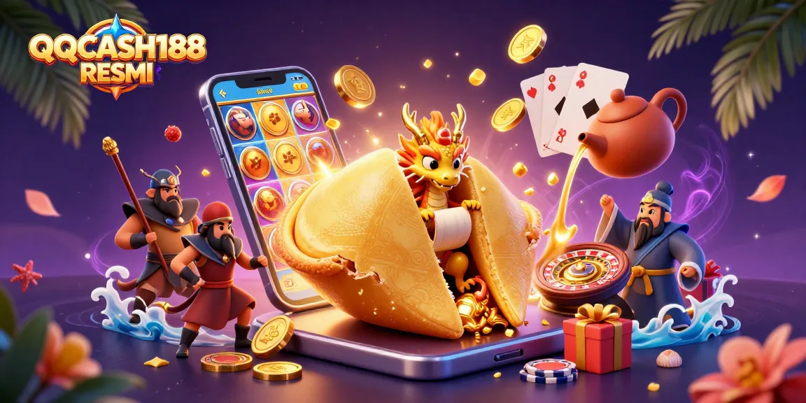 Experience QQCASH188 RESMI with a vibrant scene featuring a golden fortune cookie and dynamic casino elements.